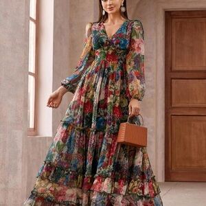 Elegant Floral Long Sleeve Maxi Dress